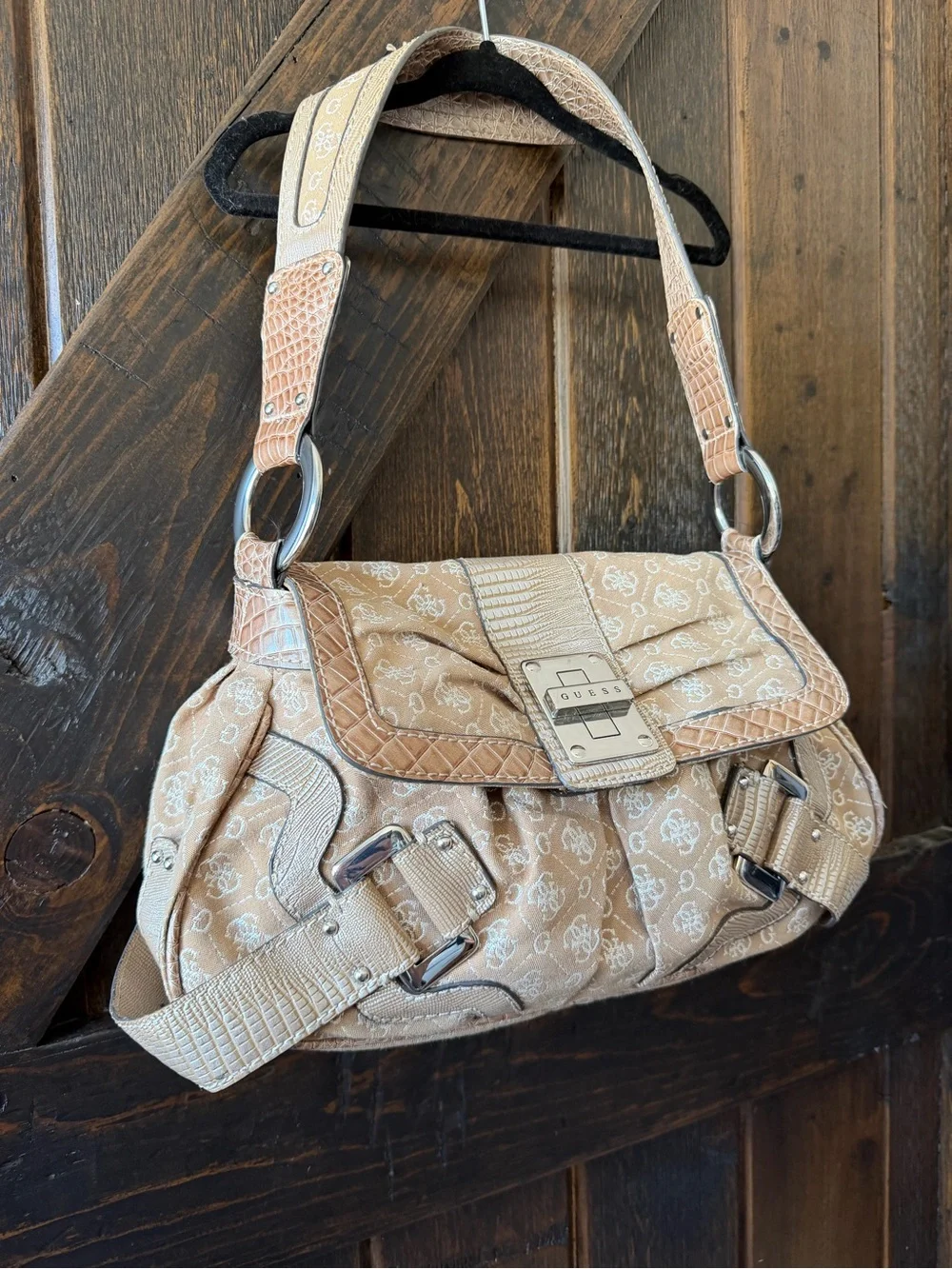 Vintage Guess Y2K Monogram Jacquard Shoulder Bag Beige Croc Buckle Purse Sleaze